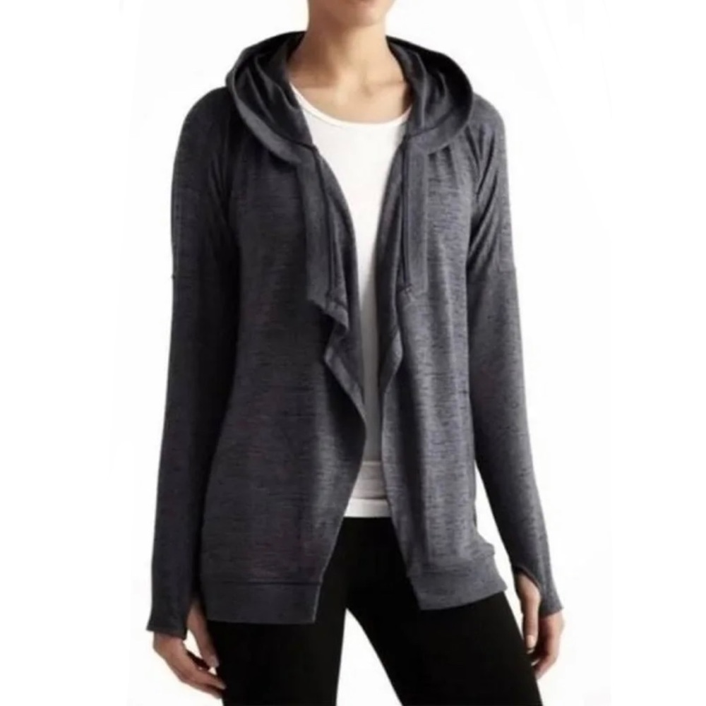 Athleta Blissful Wrap Hooded Cardigan Sweater Open Front Heather Charcoal Grey S